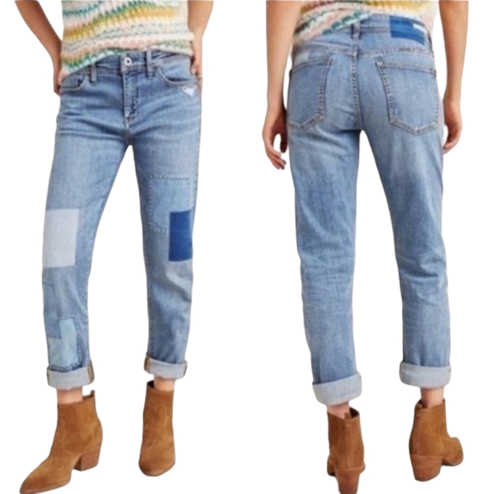 Pilcro & The Letterpress Slim Boyfriend Womens Jeans 26 Blue Patched Medium Rise - Picture 1 of 16